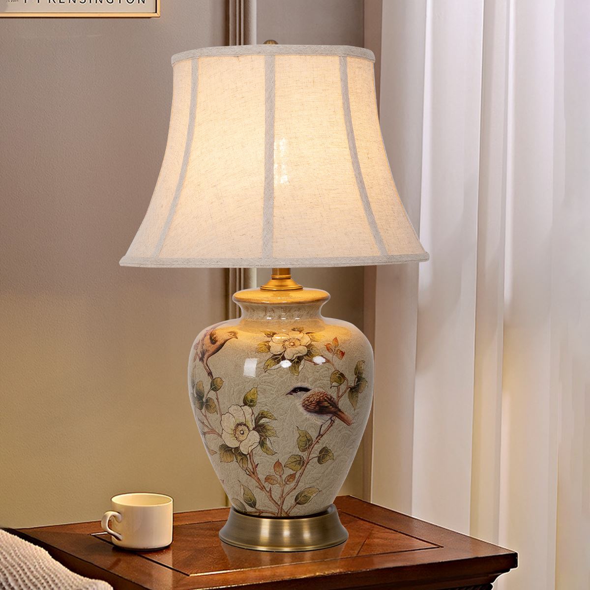 Lightsin Vintage Ceramic Bird - Pattern Table Lamp with Fabric Shade - House Comfort