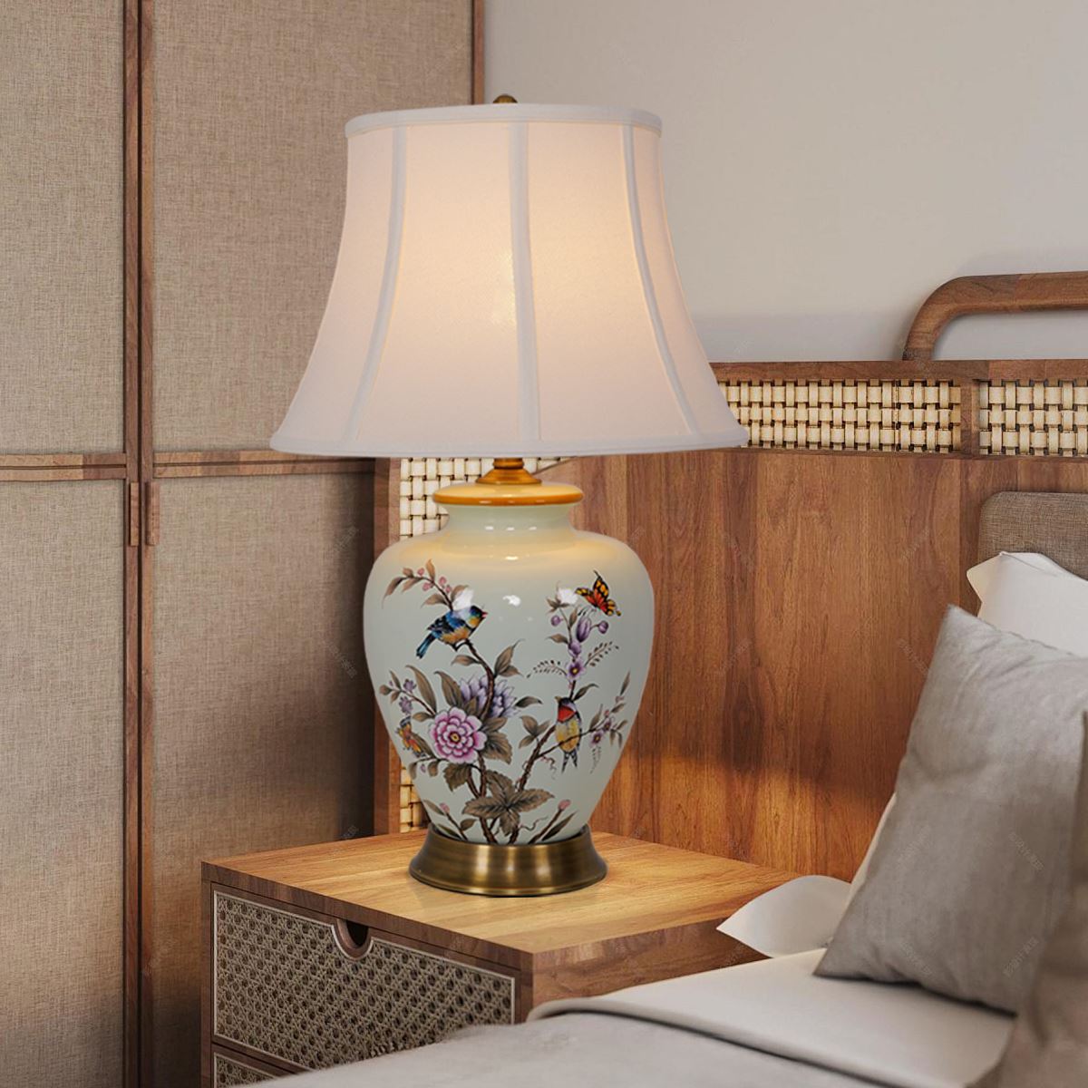 Lightsin Vintage Ceramic Floral Table Lamp with Copper Base for Bedside and Table Lighting - House Comfort