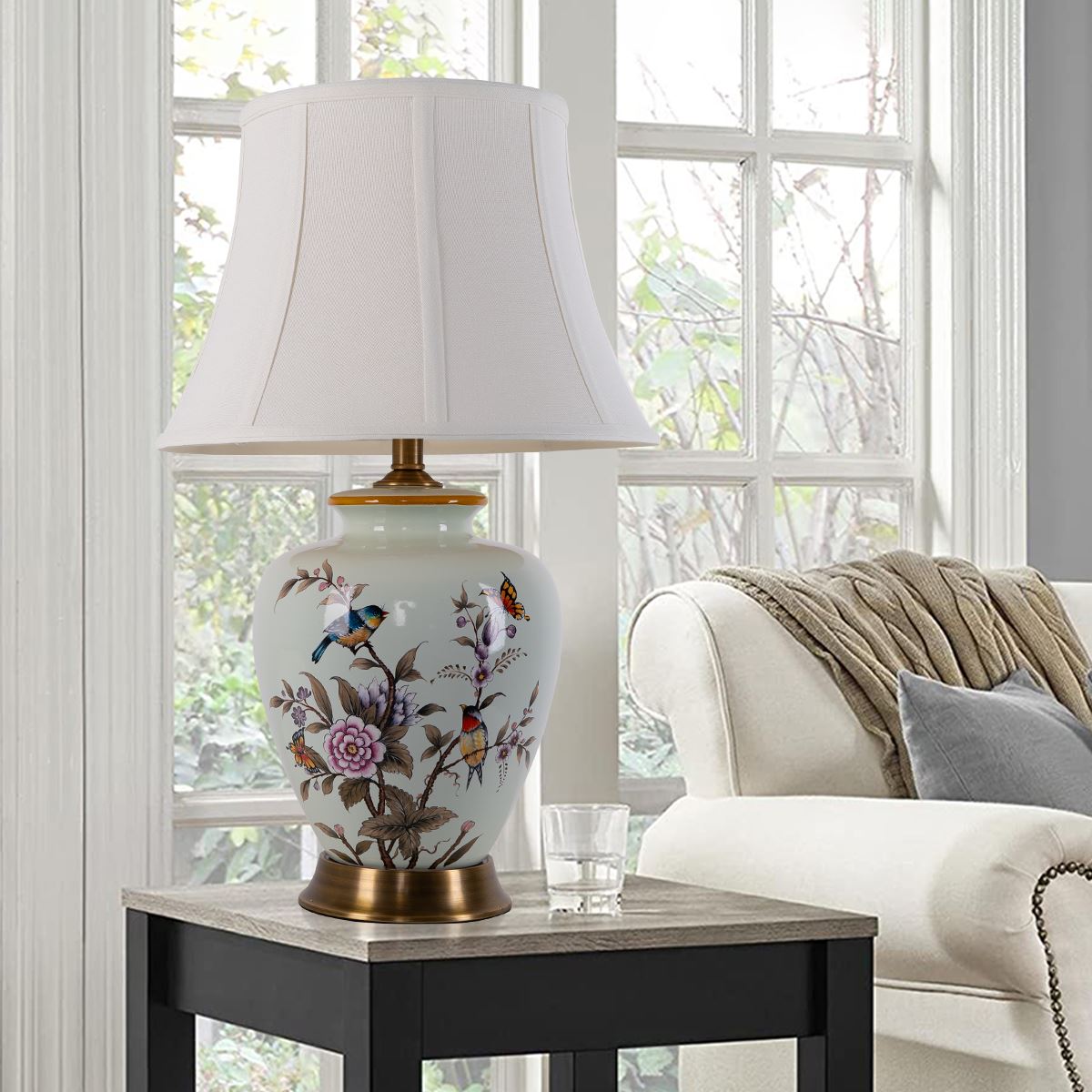 Lightsin Vintage Ceramic Floral Table Lamp with Copper Base for Bedside and Table Lighting - House Comfort