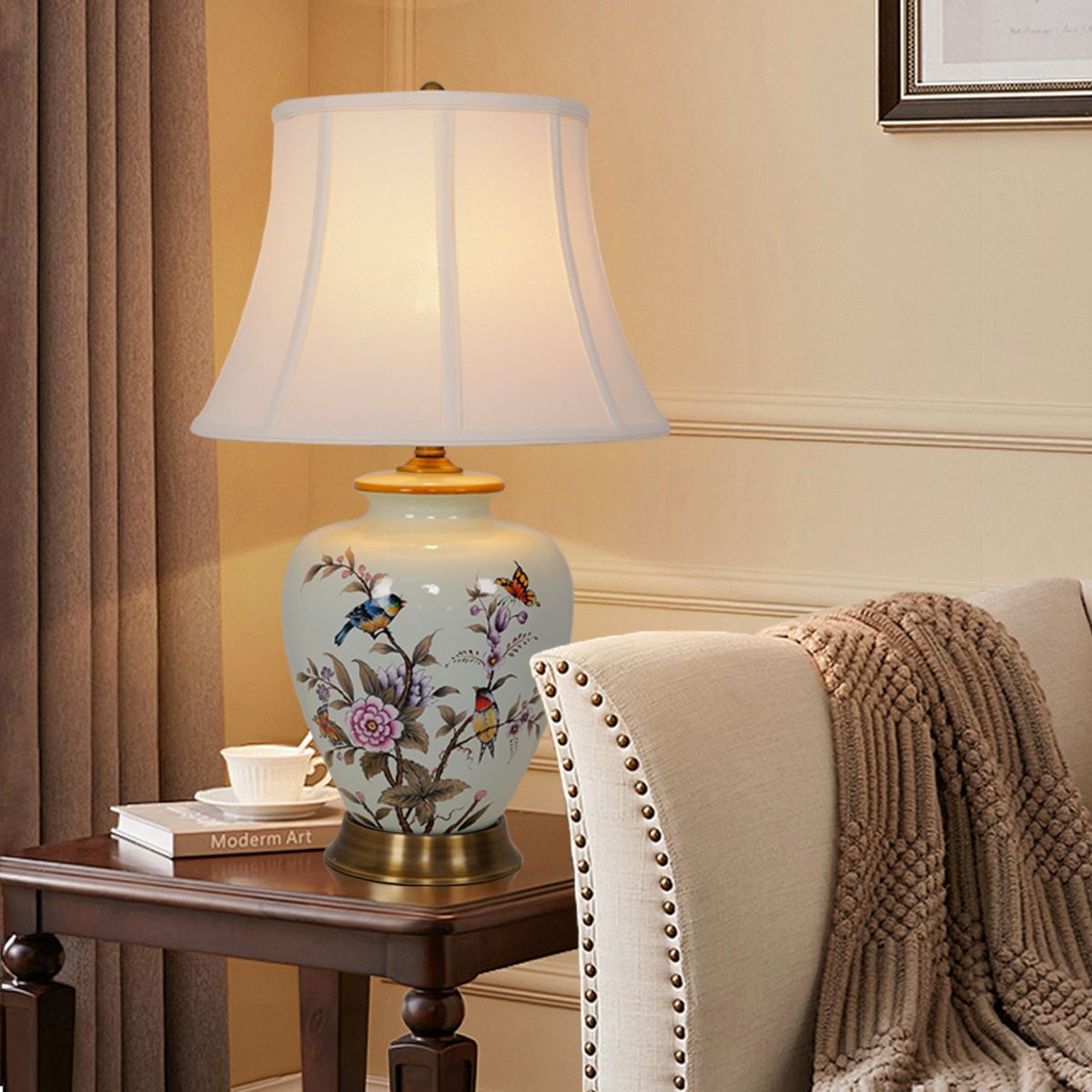 Lightsin Vintage Ceramic Floral Table Lamp with Copper Base for Bedside and Table Lighting - House Comfort