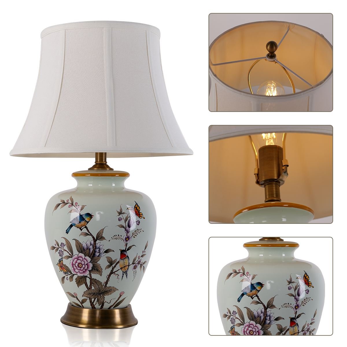 Lightsin Vintage Ceramic Floral Table Lamp with Copper Base for Bedside and Table Lighting - House Comfort