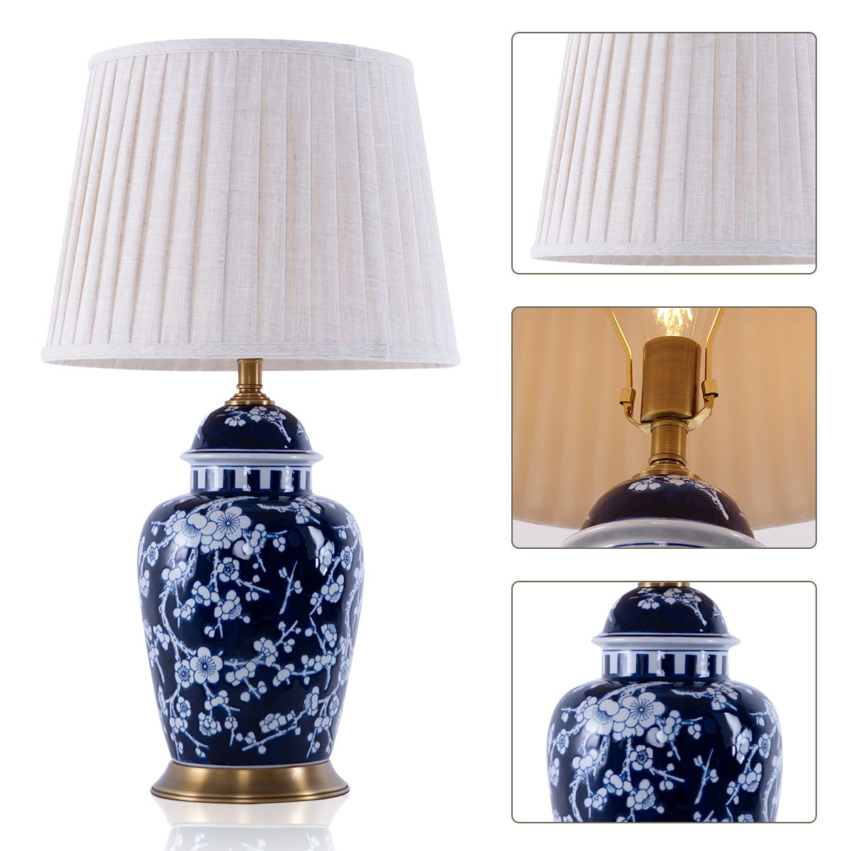 Lightsin Vintage Desk Lamp Ceramic Floral Design with Brass Base and Fabric Shade - House Comfort