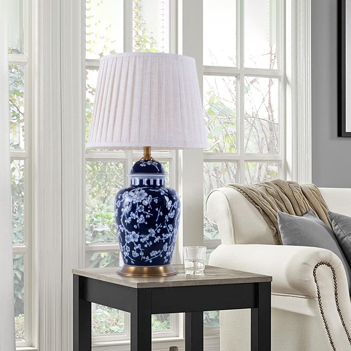 Lightsin Vintage Desk Lamp Ceramic Floral Design with Brass Base and Fabric Shade - House Comfort