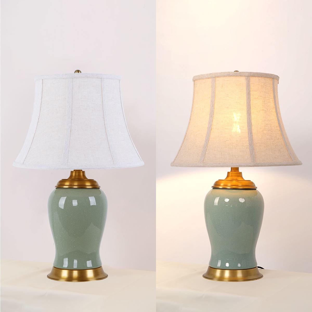 Lightsin Vintage Green Crackle Ceramic Table Lamp with Fabric Shade - House Comfort