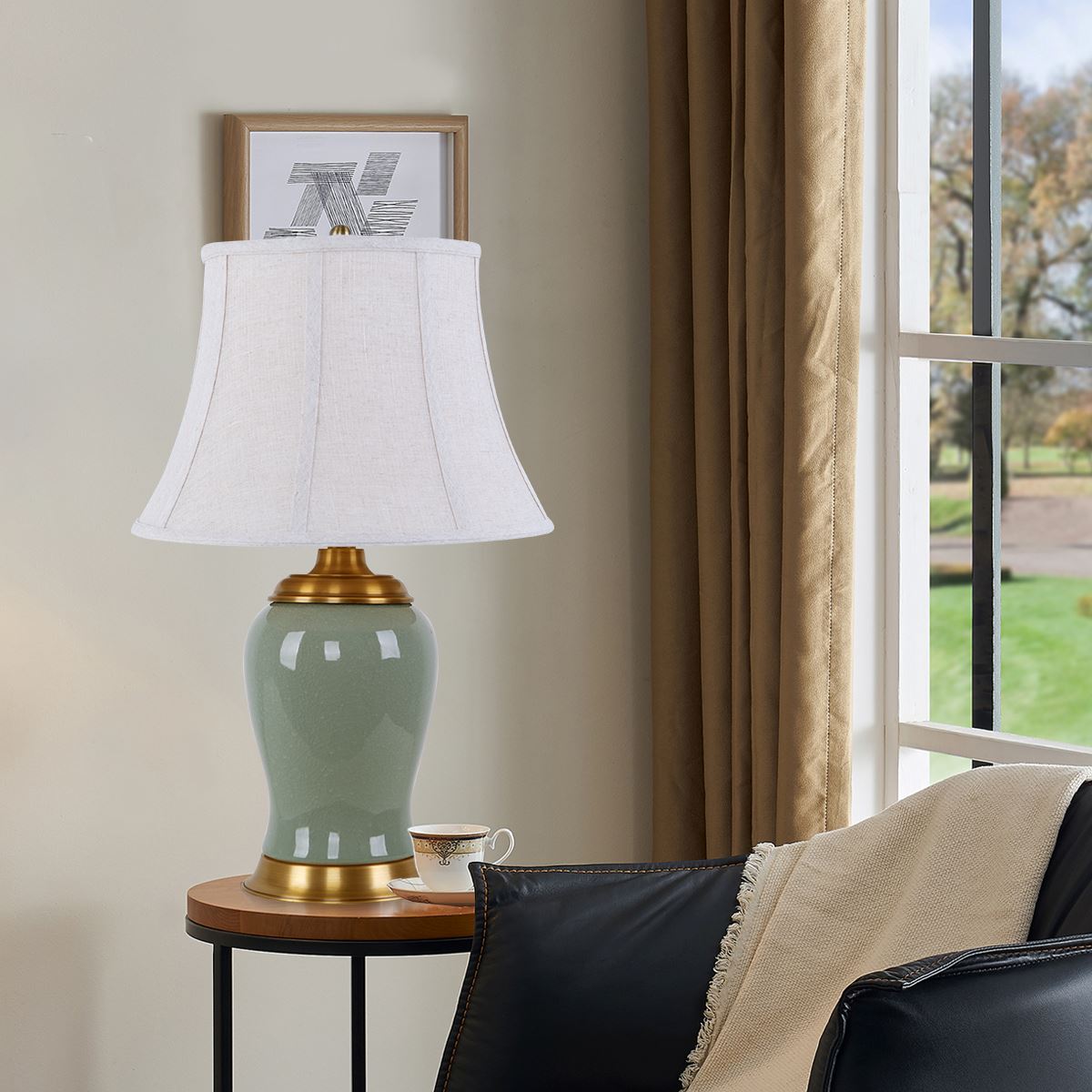 Lightsin Vintage Green Crackle Ceramic Table Lamp with Fabric Shade - House Comfort