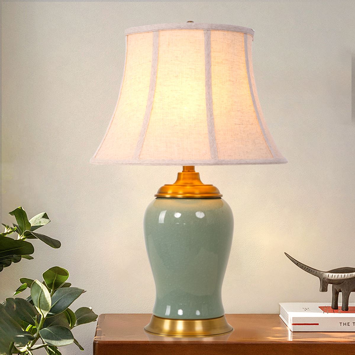 Lightsin Vintage Green Crackle Ceramic Table Lamp with Fabric Shade - House Comfort