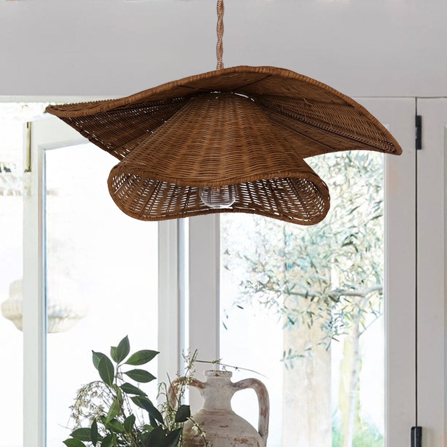Lightsin Woven Rattan and Iron Pendant Light – Organic Ceiling Pendant Light for Dining Room, Living Room, and Modern Rustic Interiors - House Comfort