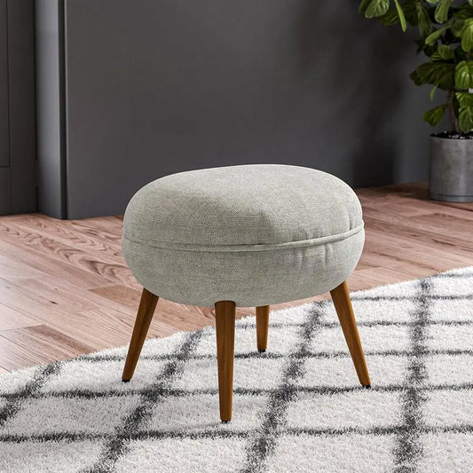 Linen Oval Stool Ottoman Footstool with Wooden Legs - House Comfort