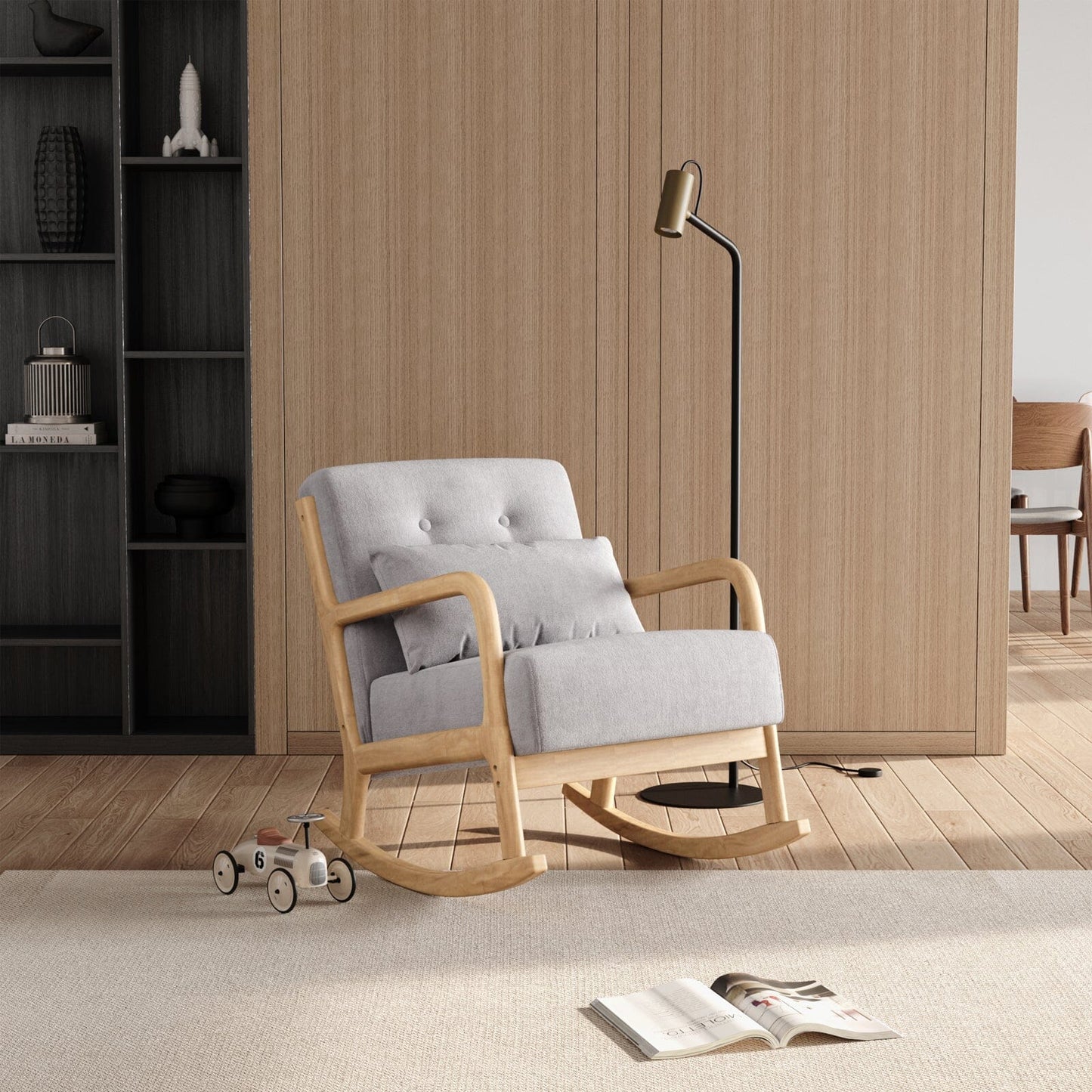 Linen Rocking Chair Upholstered Seat Lounge Chair Grey - House Comfort