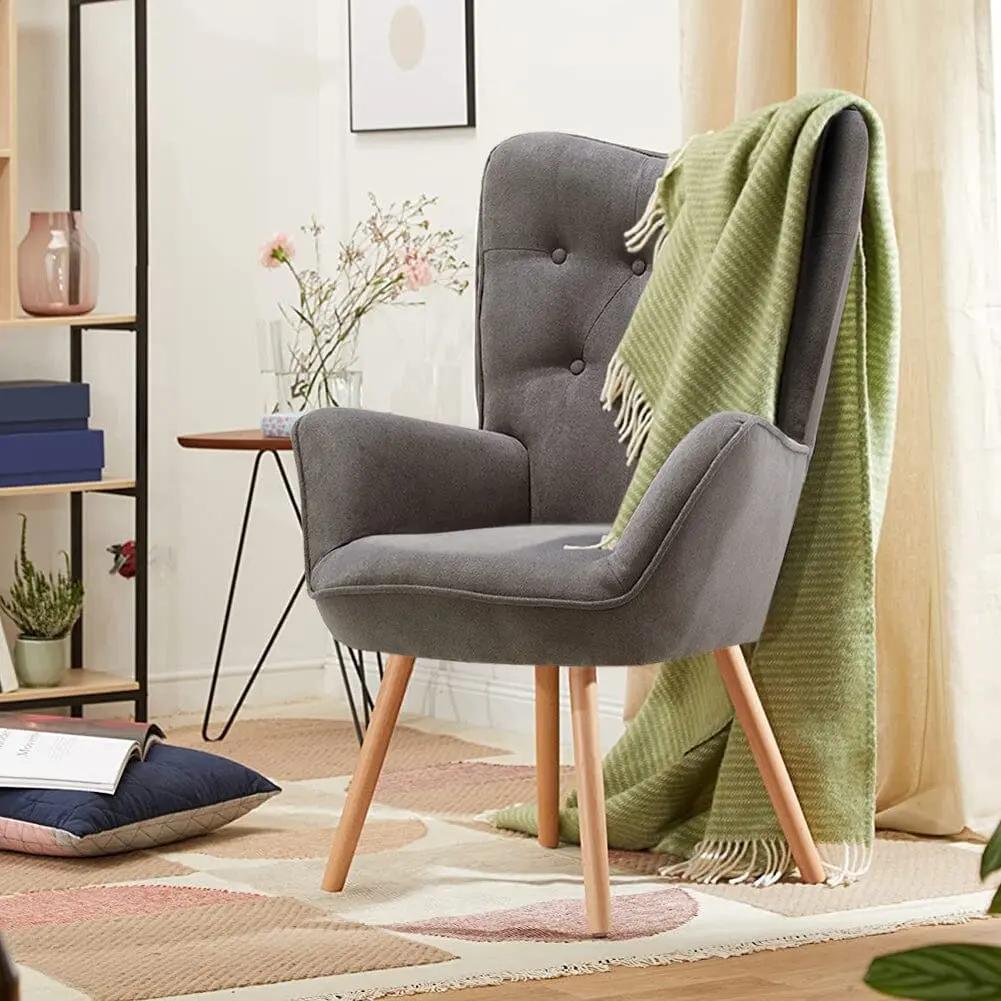 Linen Upholstered Accent Chair with Wood Legs - House Comfort