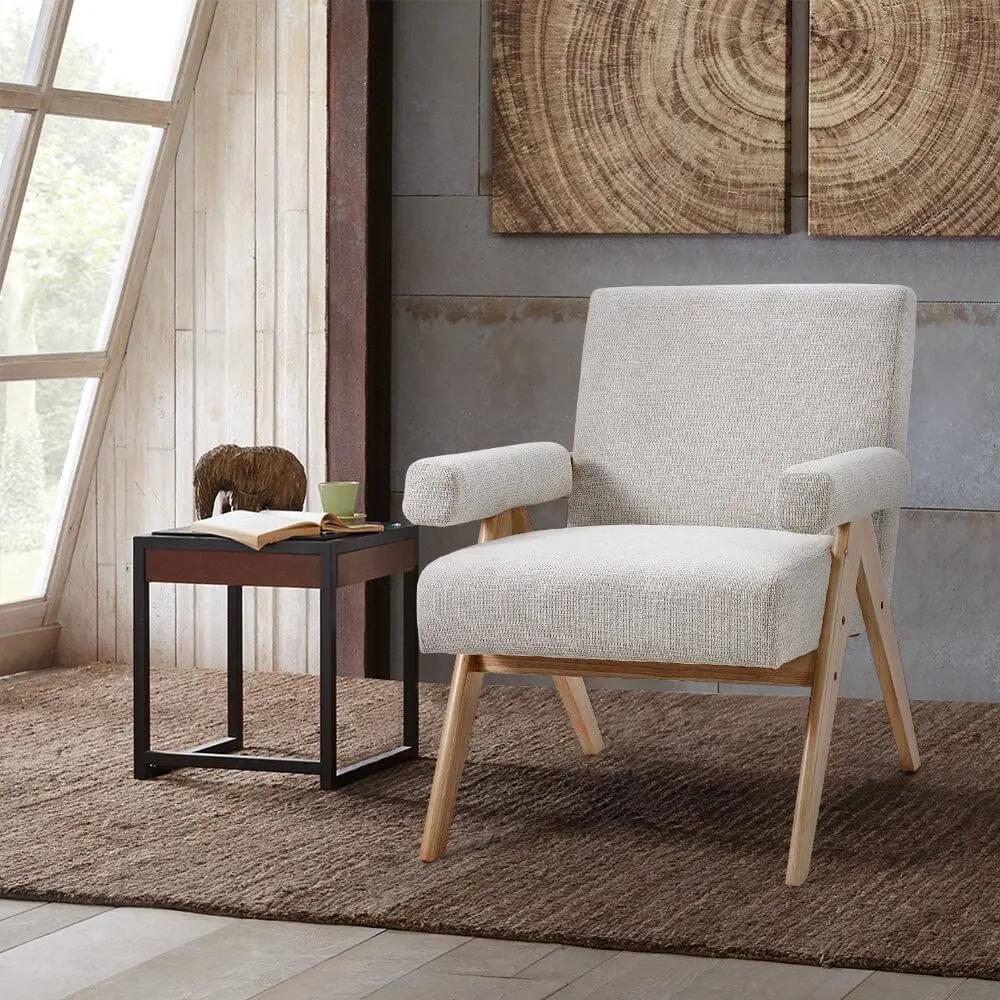 Linen Upholsteried Wooden Armchair - House Comfort
