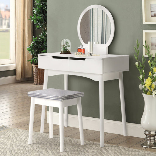 Luxurious White Vanity Table with Drawer Storage, Checkered Stool, and Round Mirror - House Comfort