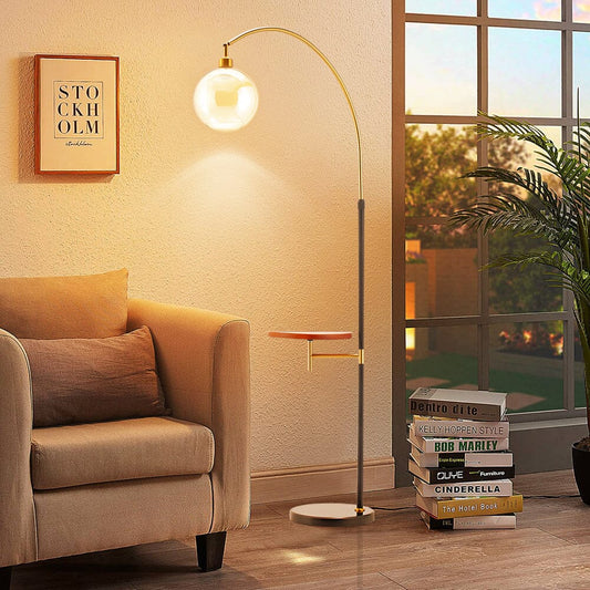 Modern Adjustable Arc Floor Lamp with Wood Tray - House Comfort