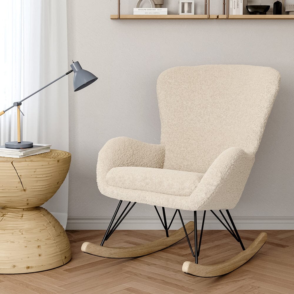 Modern Faux Wool Rocking Chair Upholstered Beige - House Comfort
