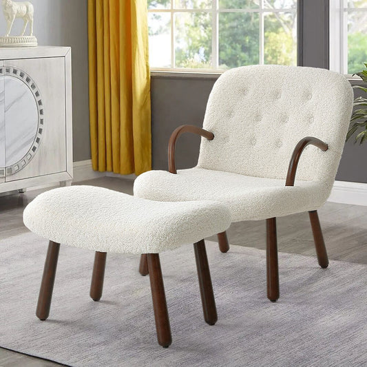 Modern White Lamb Wool Armchair with Ottoman Set Lounge Chair with Footstool - House Comfort