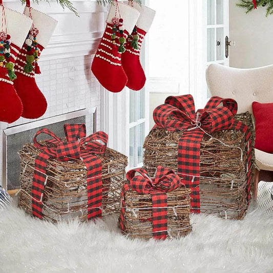 Pre - Lit Woven Christmas Gift Box Set with Checked Bows - House Comfort