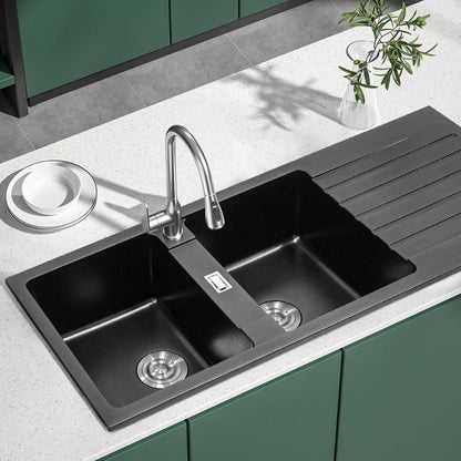 Quartz Undermount Double Bowl Kitchen Sink with Drainboard - House Comfort