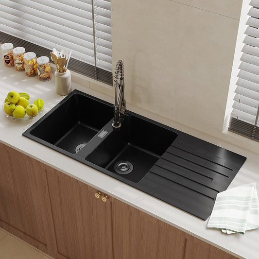 Quartz Undermount Double Bowl Kitchen Sink with Drainboard - House Comfort