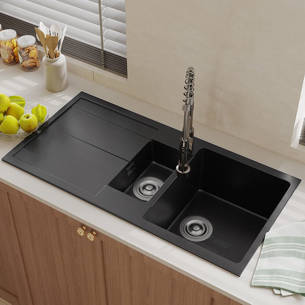 Quartz Undermount Double Bowl Kitchen Sink with Drainboard - House Comfort