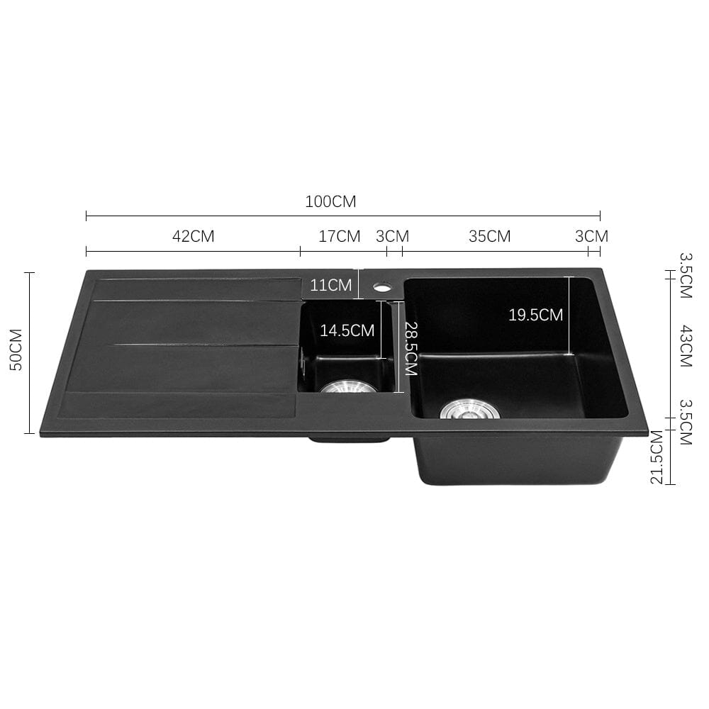 Quartz Undermount Double Bowl Kitchen Sink with Drainboard - House Comfort