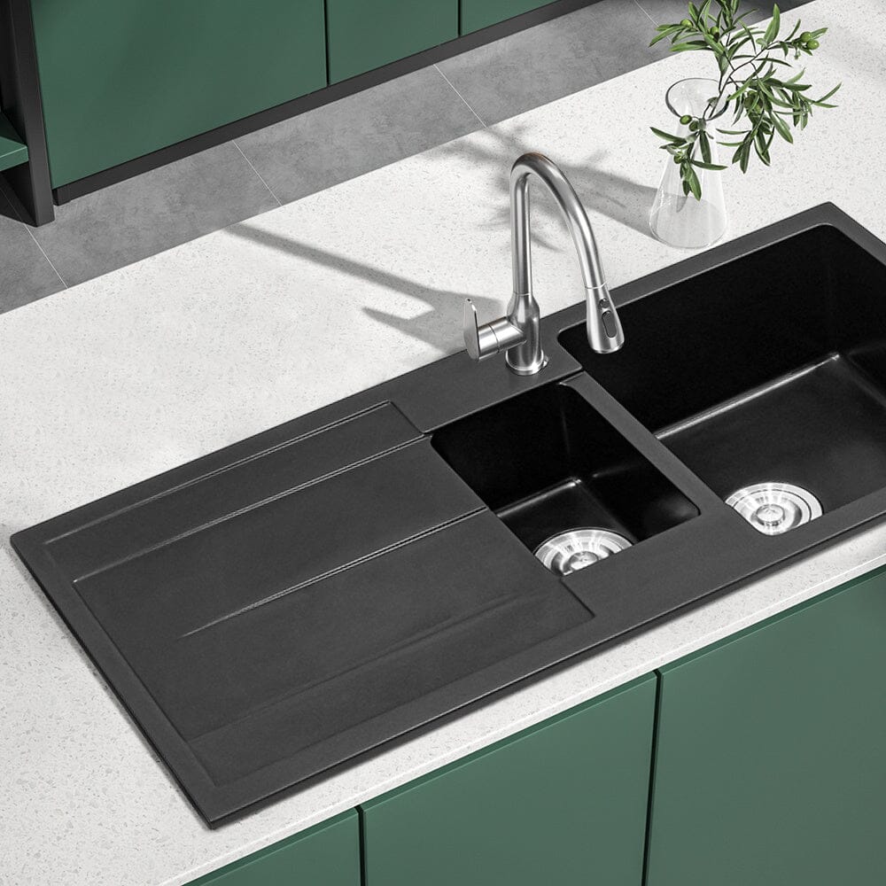 Quartz Undermount Double Bowl Kitchen Sink with Drainboard - House Comfort