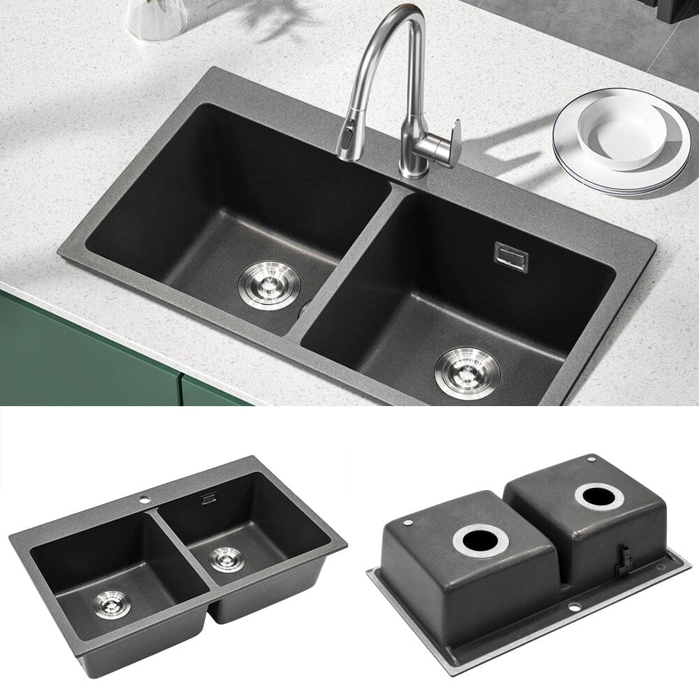 Quartz Undermount Kitchen Sink Double Bowl Black - House Comfort