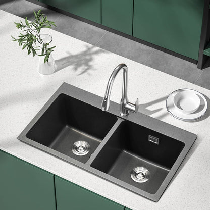 Quartz Undermount Kitchen Sink Double Bowl Black - House Comfort