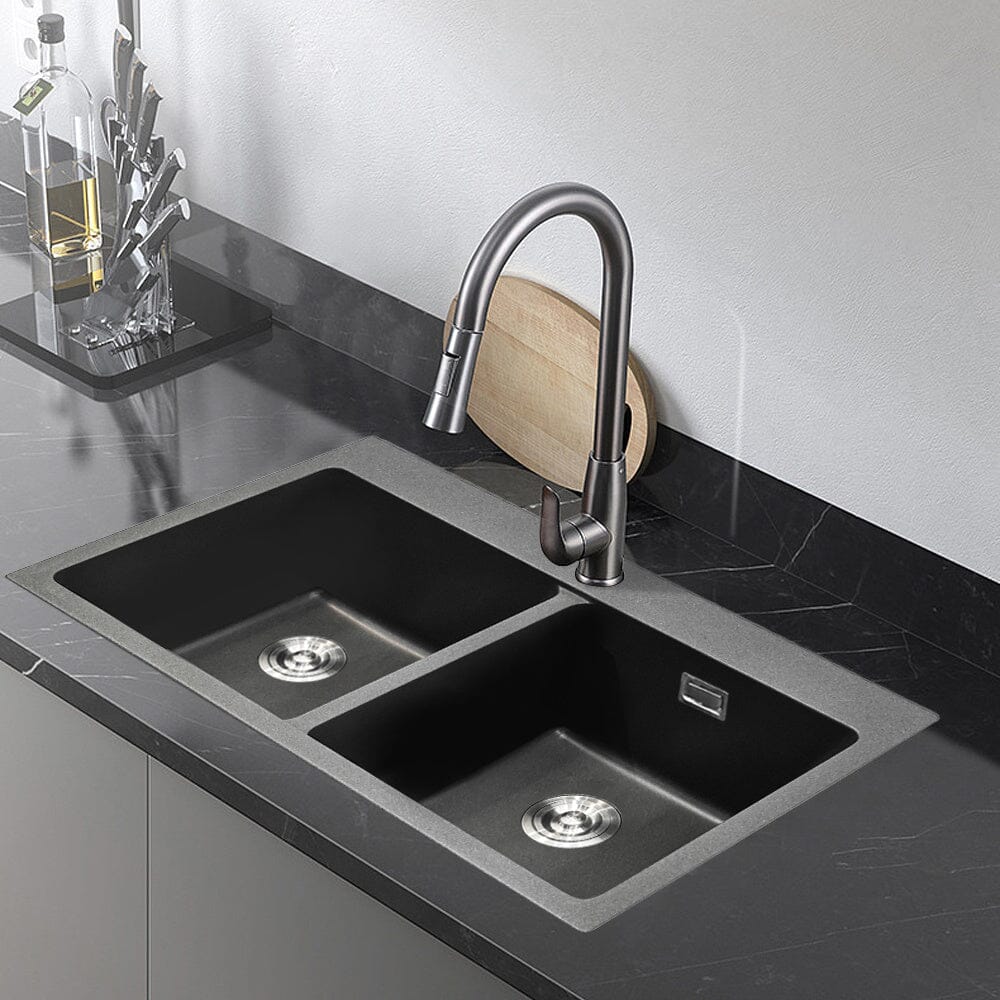 Quartz Undermount Kitchen Sink Double Bowl Black - House Comfort