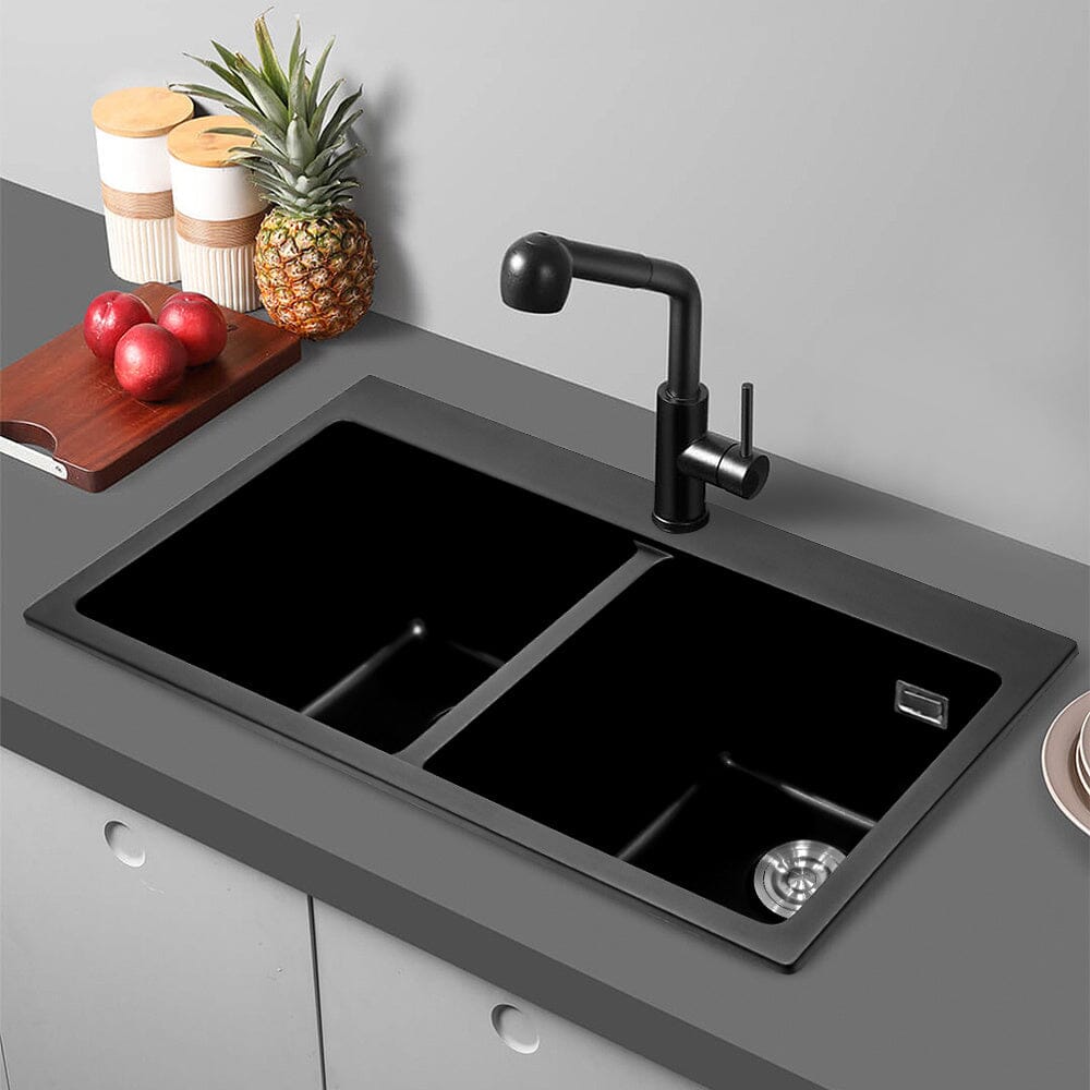 Quartz Undermount Kitchen Sink Double Bowl Black - House Comfort
