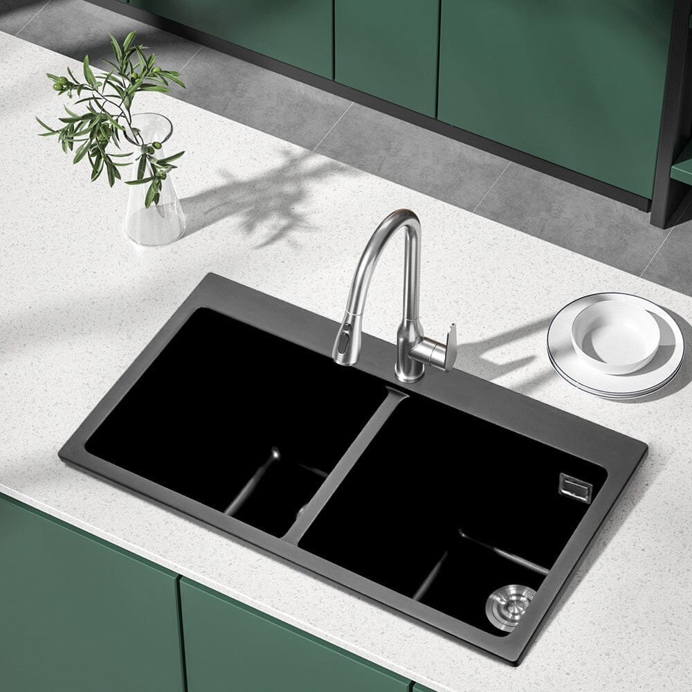 Quartz Undermount Kitchen Sink Double Bowl Black - House Comfort