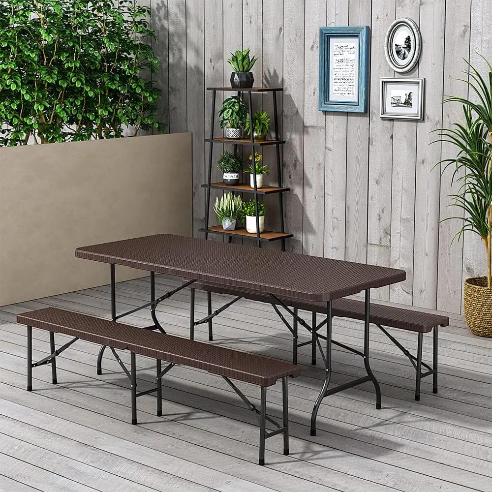 Rattan Plastic Outdoor Folding Table Bench Set Brown - House Comfort