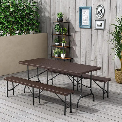 Rattan Plastic Outdoor Folding Table Bench Set Brown - House Comfort
