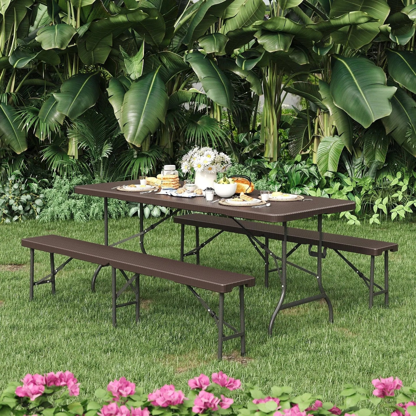 Rattan Plastic Outdoor Folding Table Bench Set Brown - House Comfort