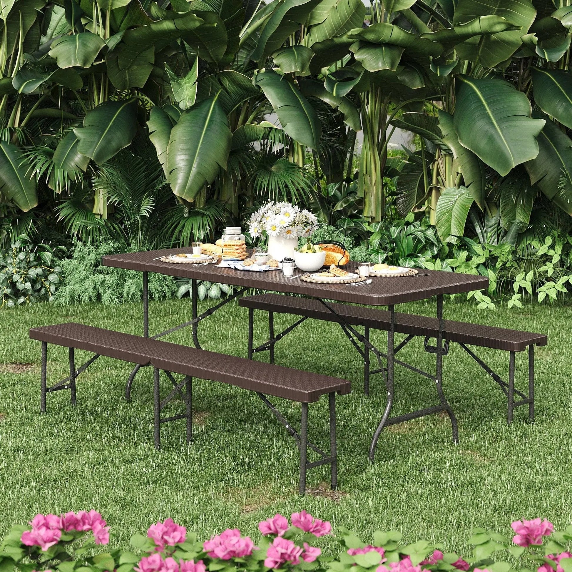 Rattan Plastic Outdoor Folding Table Bench Set Brown - House Comfort