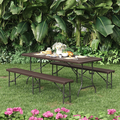 Rattan Plastic Outdoor Folding Table Bench Set Brown - House Comfort
