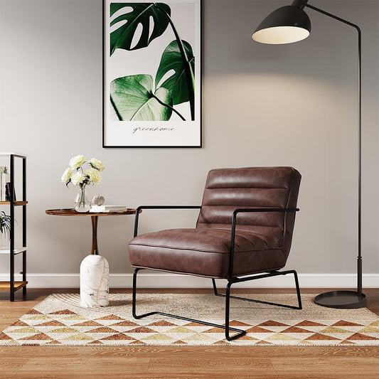 Retro Style PU leather Upholstered Armchair Metal Base Office Chair - House Comfort