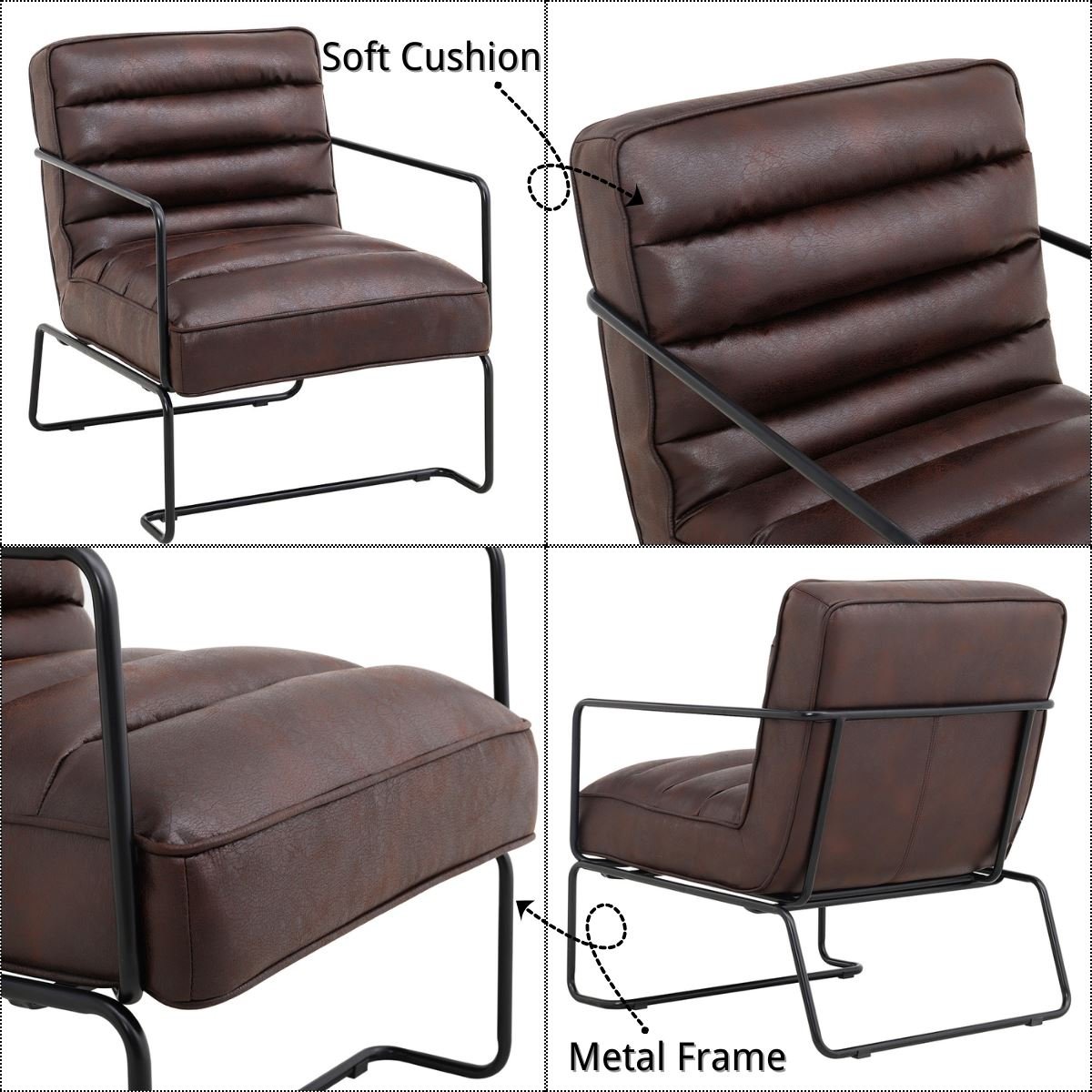 Retro Style PU leather Upholstered Armchair Metal Base Office Chair - House Comfort
