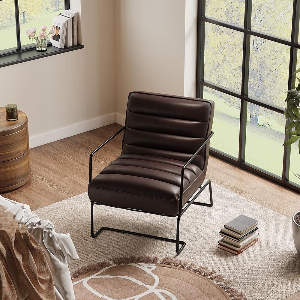 Retro Style PU leather Upholstered Armchair Metal Base Office Chair - House Comfort