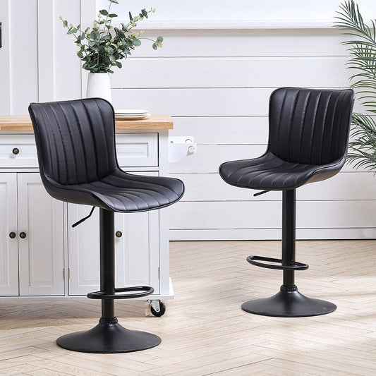 Set of 2 Bar Stools with Black Leather Swivel Adjustable Height - House Comfort