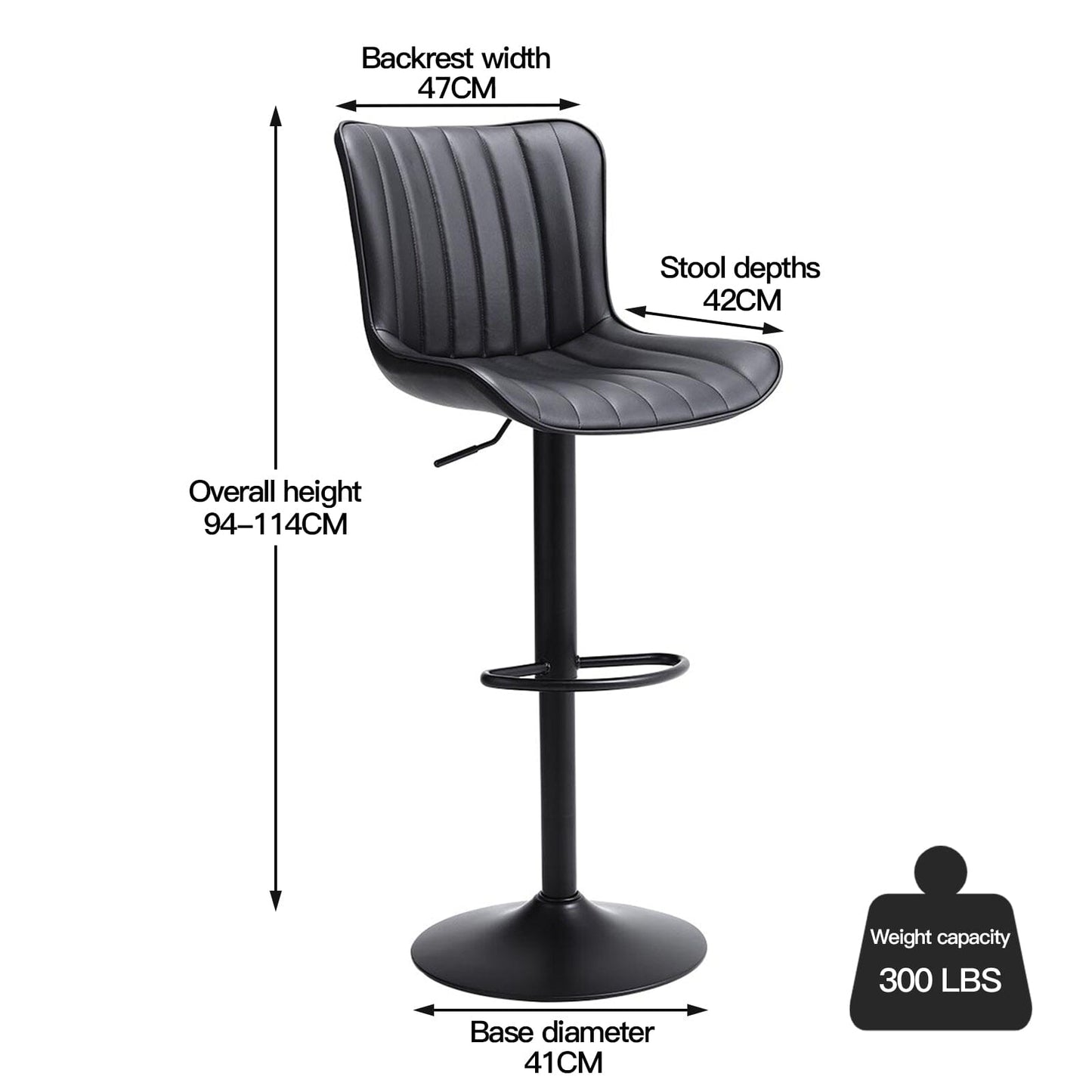 Set of 2 Bar Stools with Black Leather Swivel Adjustable Height - House Comfort