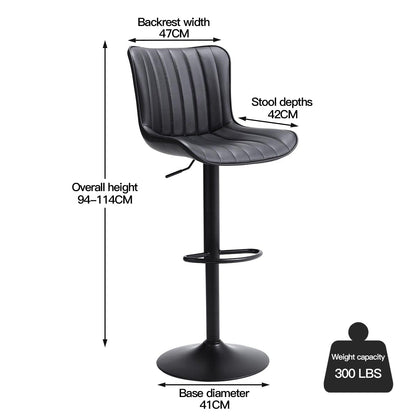 Set of 2 Bar Stools with Black Leather Swivel Adjustable Height - House Comfort