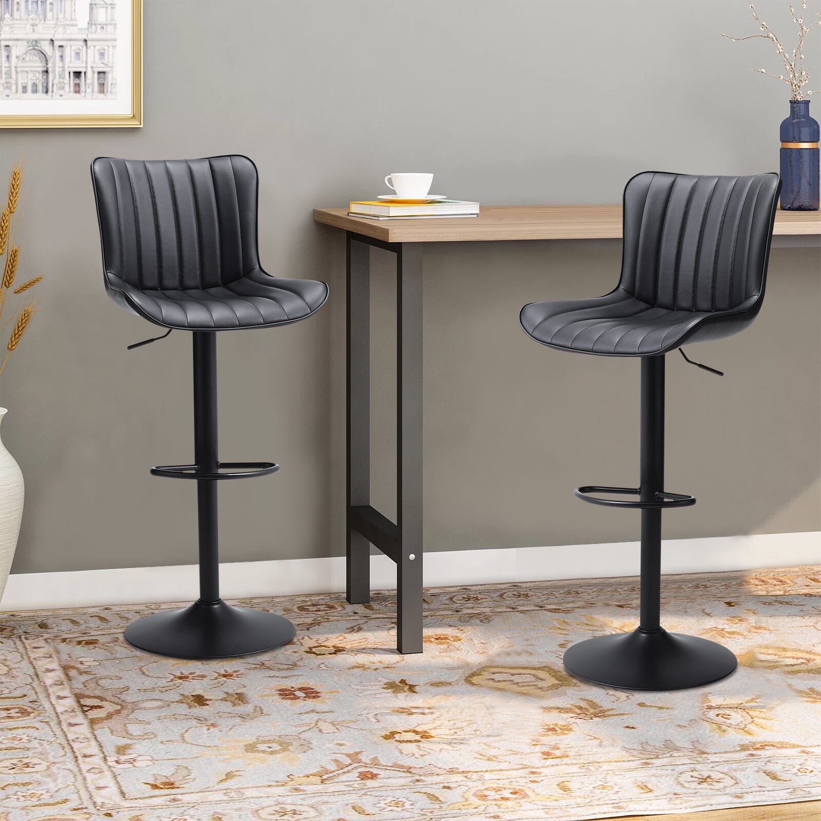 Set of 2 Bar Stools with Black Leather Swivel Adjustable Height - House Comfort