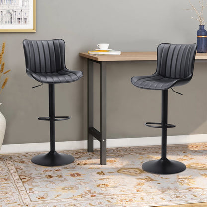 Set of 2 Bar Stools with Black Leather Swivel Adjustable Height - House Comfort
