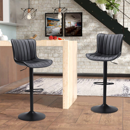 Set of 2 Bar Stools with Black Leather Swivel Adjustable Height - House Comfort