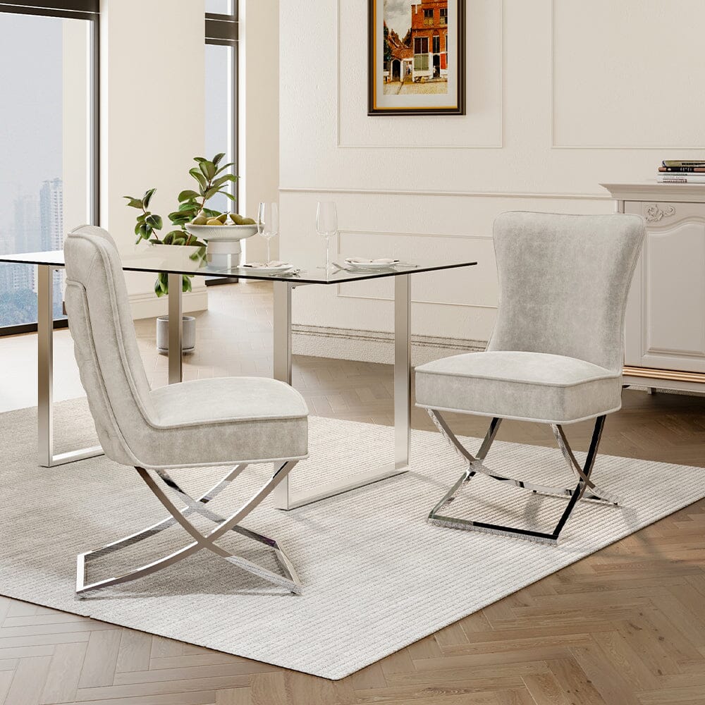 Set of 2 Beige High Back Dining Chairs with velvet Upholstered - House Comfort