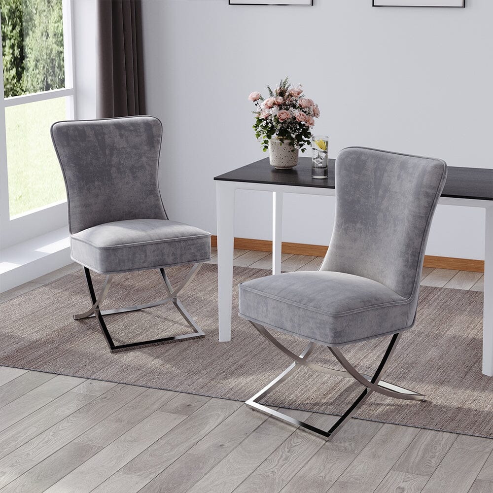 Set of 2 Beige High Back Dining Chairs with velvet Upholstered - House Comfort