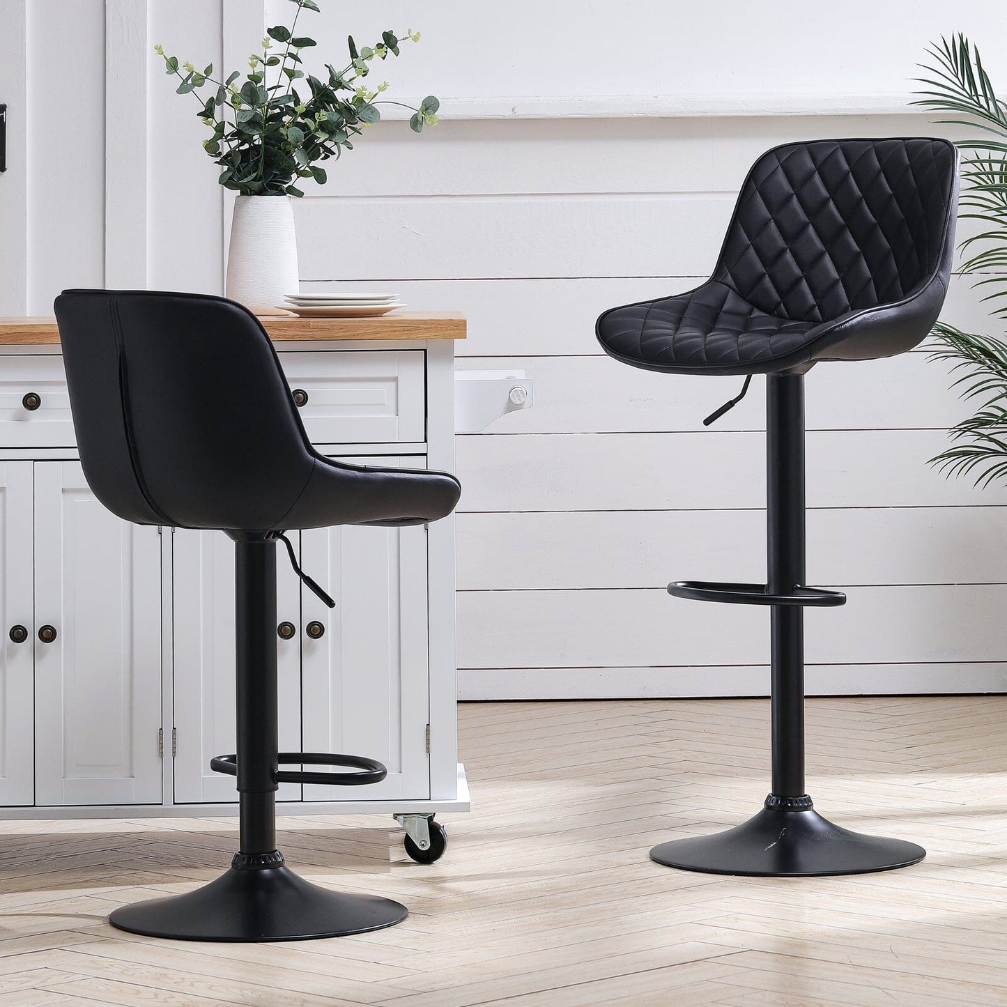 Set of 2 Faux Leather Height Adjustable Bar Stool Black - House Comfort