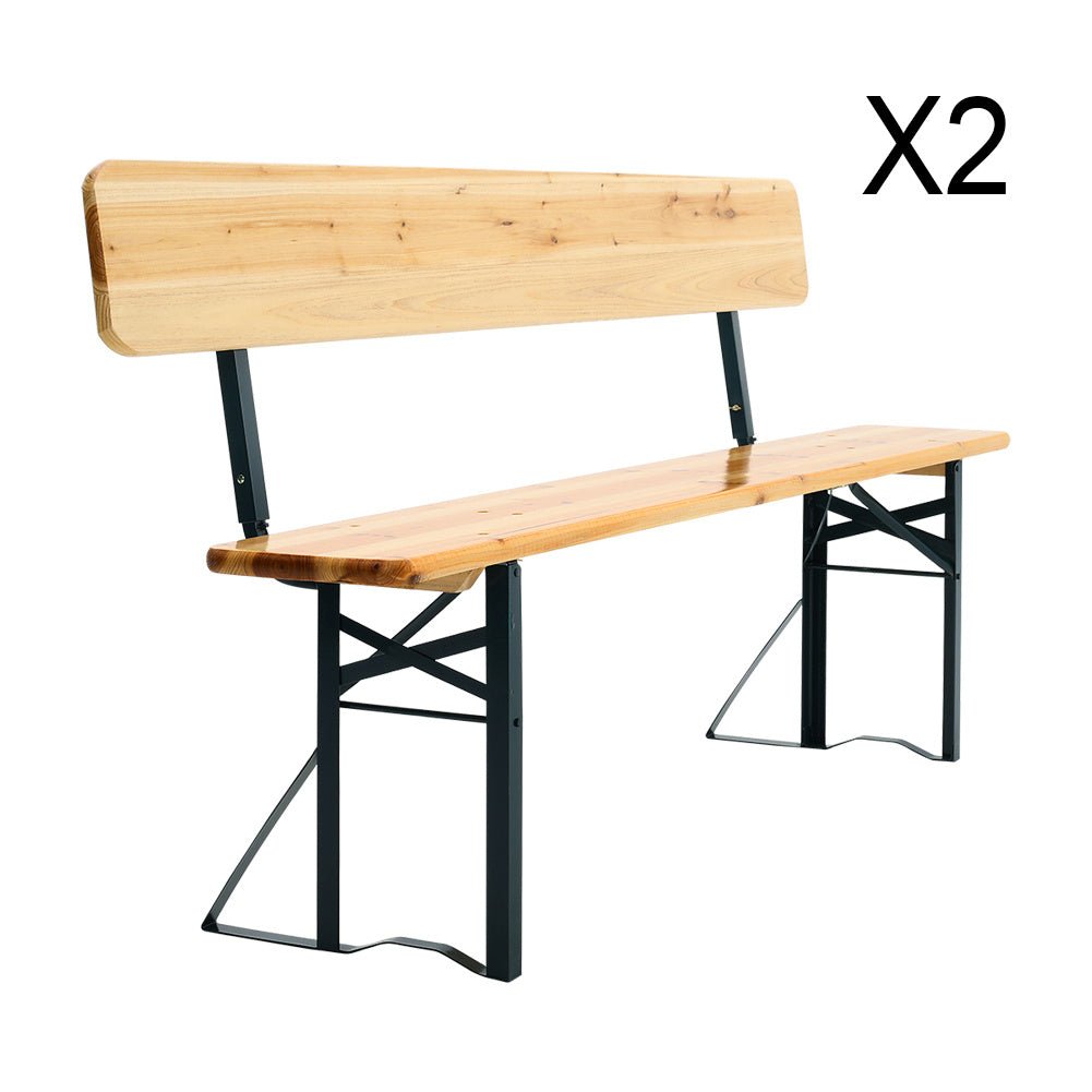 Set of 2 Folding Garden Benches with Backrest Cedar Wood Outdoor Bar Chairs - House Comfort