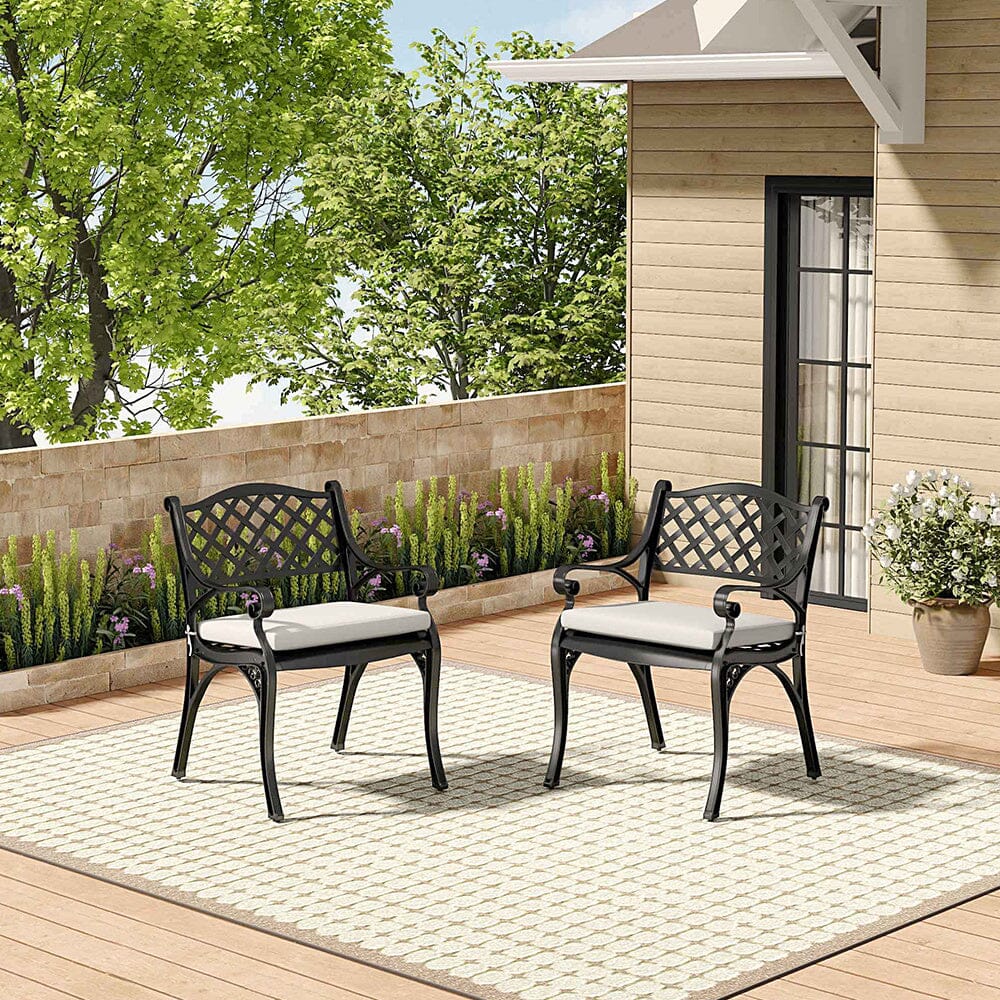 Set of 2 Garden Chairs Cast Aluminium Armchairs with Cushion Black/White - House Comfort