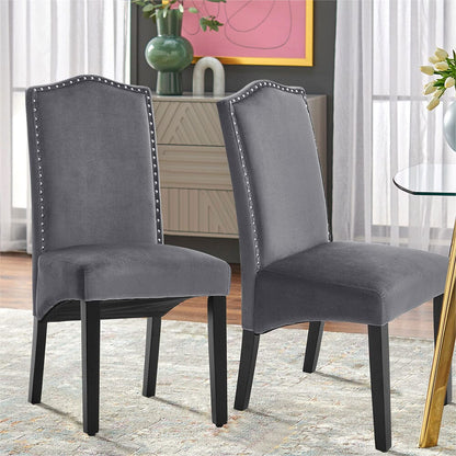 Set of 2 Grey Velvet Upholstered High Back Dinning Chair - House Comfort